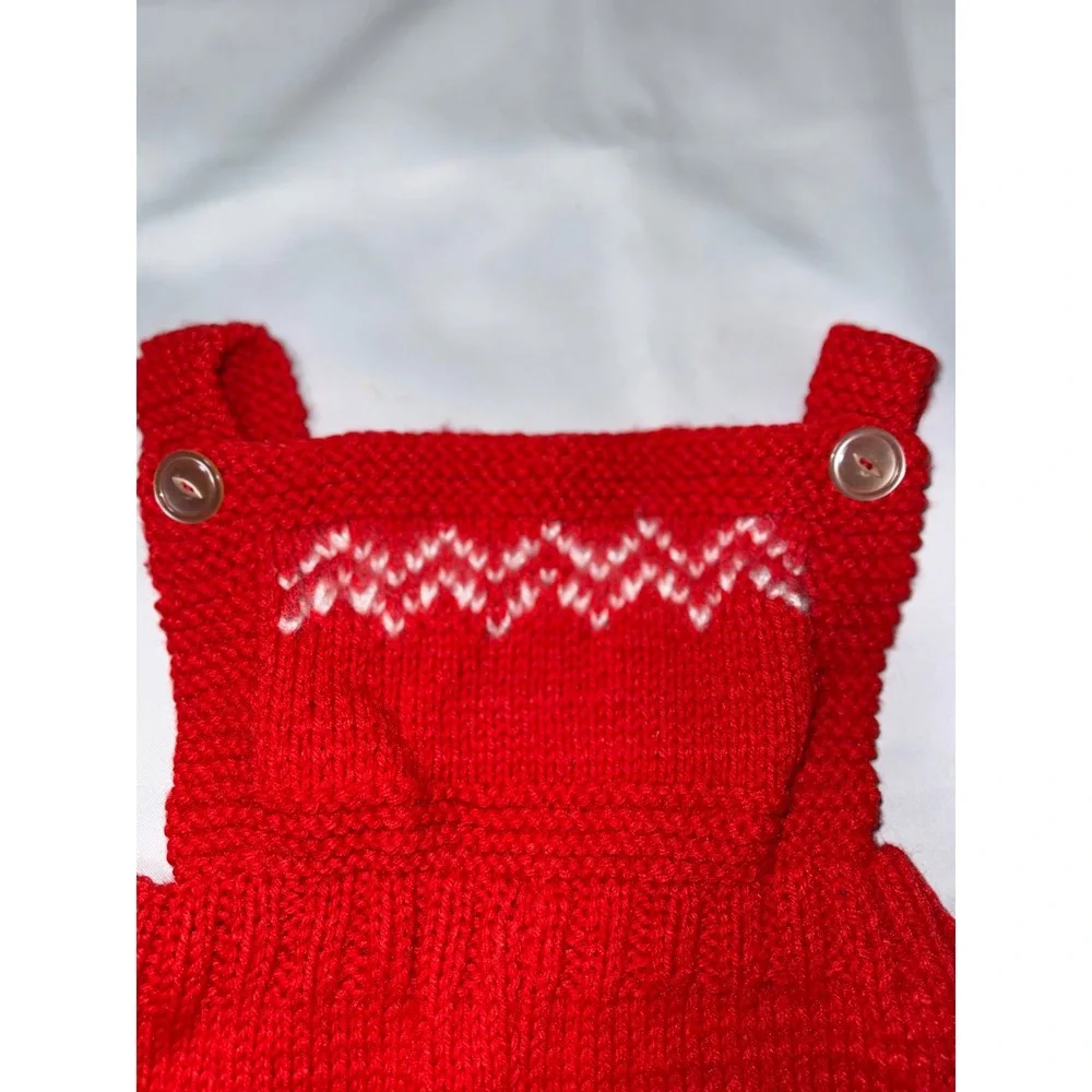 Vintage Hand Knit Baby Footed Overalls Red White Zigzag Bib Romper Sleeveless